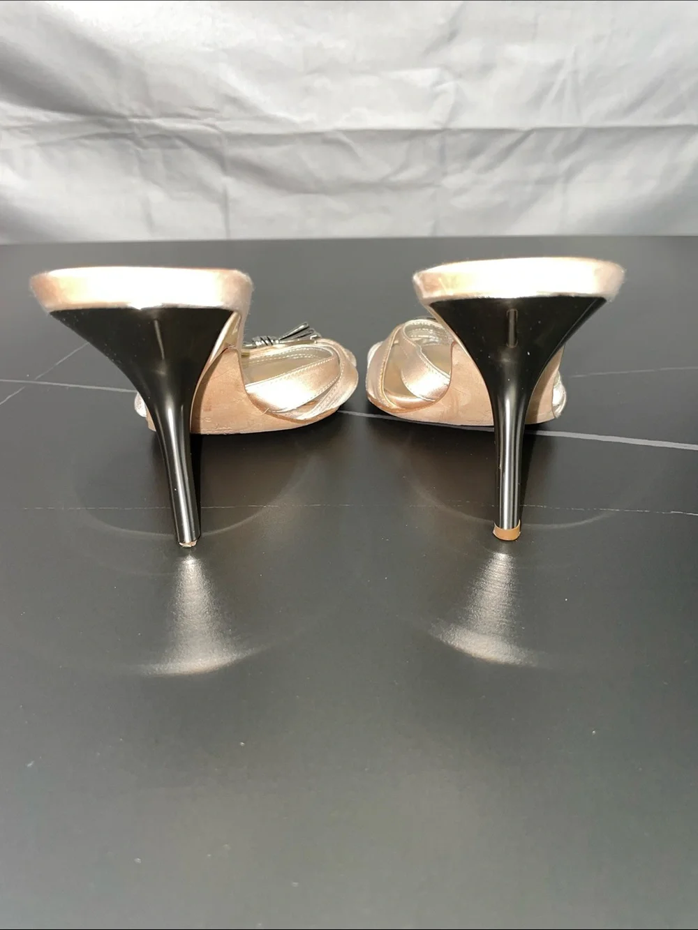 GUISEPPE ZANOTTI CRYSTAL AND SILVER TONE CHAMPAGNE SATIN HEEL MULES FTL-08-203